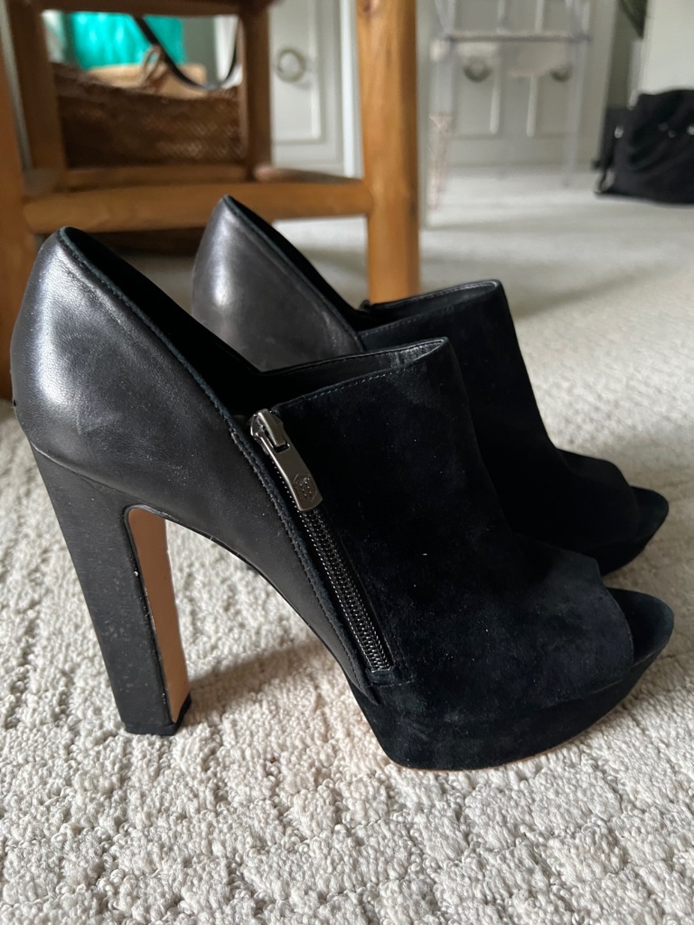 Vince Camuto Black Suede & Leather Peep-Toe High Heel Booties